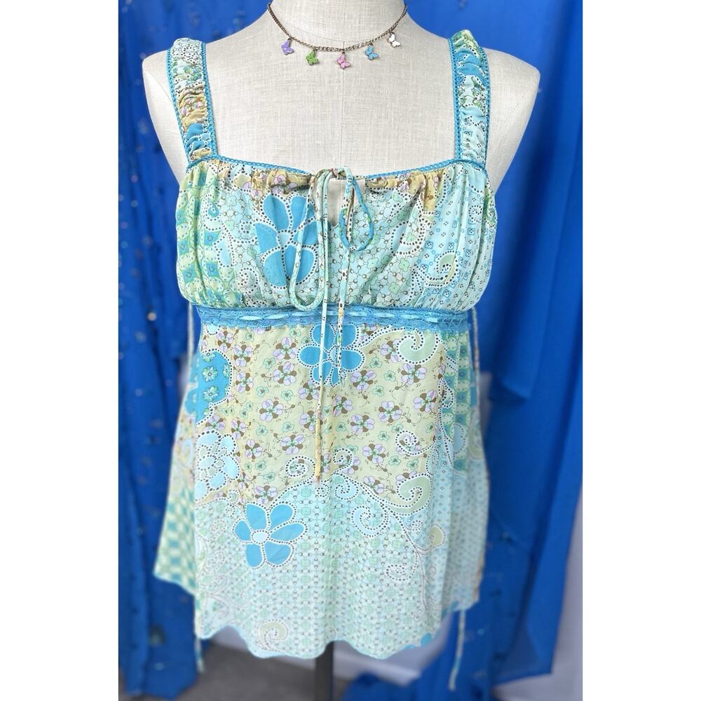 Jordache Juniors Blue Green Paisley Floral Babydoll Camisole Top Large Y2K shear